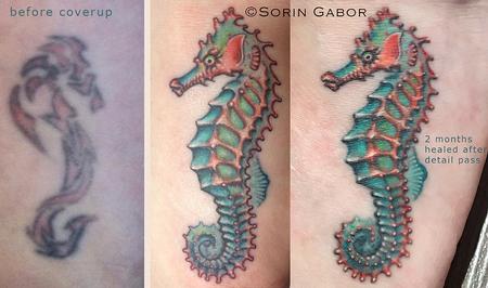 Tattoos - realistic color seahorse coverup tatto - 131417